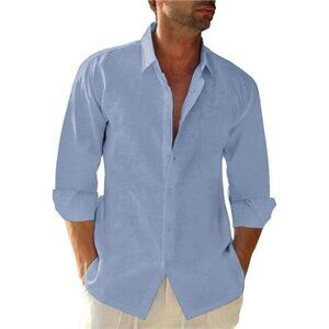 Button Down Linen Shirts for Men Casual Long Sleeve Regular Fit Cotton Beach